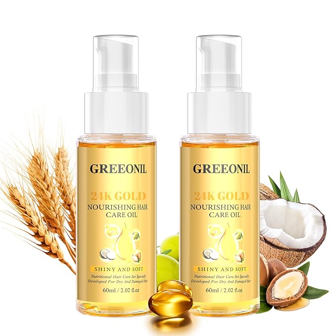 Hair Oil with Argan Oil, Coconut Oil, Olive Oil, Vitamin E for Nourish Hair, Smooth Frizz, Add Shine, Hair Treatment Oil for Women Men Frizzy Damaged Fine Curly Hair, Leave-in, 2Pack
