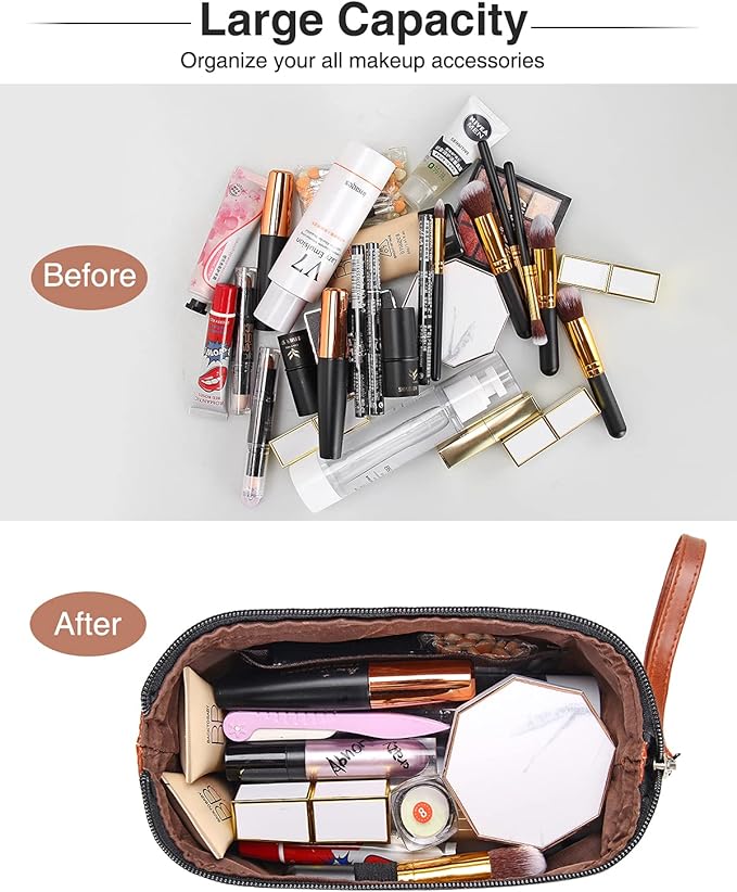 Relavel Travel Makeup Bag, Cosmetic Bag Makeup Organizer Bag Zipper Pouch for Purse Large Capacity Toiletry Bag Portable Waterproof Travel Accessories Skincare Make Up Bag (Brown), 1-Small