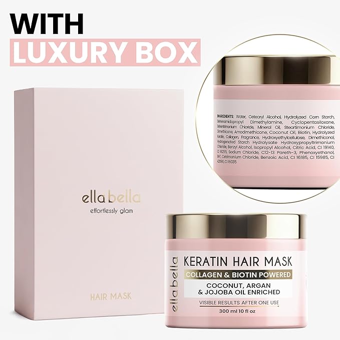 ELLA BELLA® Keratin Hair Mask – Deep Conditioning Hair Treatment & Hair Repair Mask for Dry, Damaged, Curly, and Color-Treated Hair – Hydrating Deep Conditioner for Softness, Shine & Growth