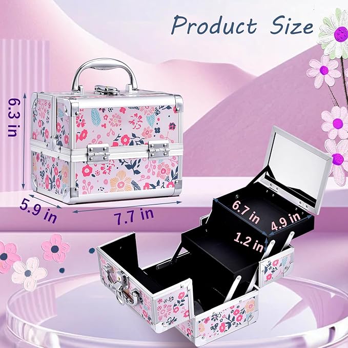 Joligrace Makeup Case for Girls Cosmetic Train Case Makeup Storage Box Jewelry Organizer Hair Accessories Lockable with Trays & Mirror Kids Gift Coloful Pink Unicorn