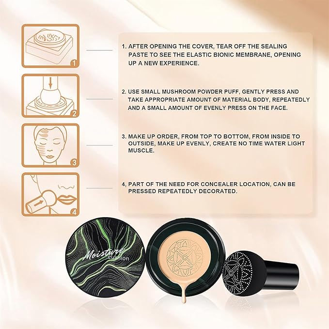 Air Cushion BB Cream Foundation - Mushroom Head CC Cream Concealer Makeup Base Water & Sweat-Proof, Create Flawless and Natural Look for All Skin Types (Buff Beige)