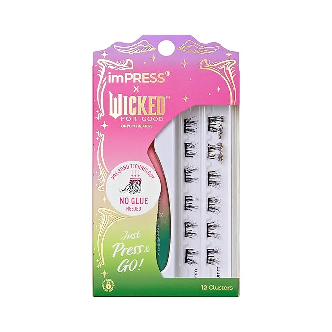 imPRESS X WICKED: FOR GOOD Press On Self Adhesive Eyelashes, ‘Tap to Bubble’, 8mm-10mm Natural Volume Press On Lashes, Multicolored Glitter, 12 Lash Clusters & Non-Stick Mini Applicator