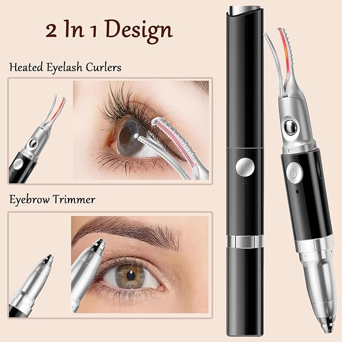 2 in 1 Heated Eyelash Curlers and Eyebrow Trimmer for Women, Electric Eyelash Curler with 2 Temperature Modes Anti-Burn USB Rechargeable Heated Eyelash Curler, Ideal Gift for Women (Black)