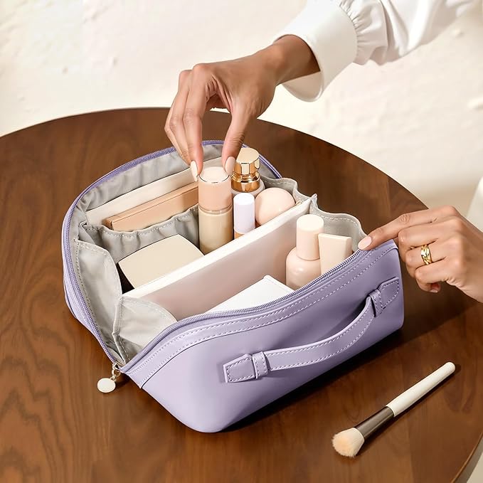 mibasies Flat Lay Open Travel Makeup Bag, Dual-Zipper Diagonal Cosmetic Bag, Large Capacity Waterproof Toiletry Bag for Women