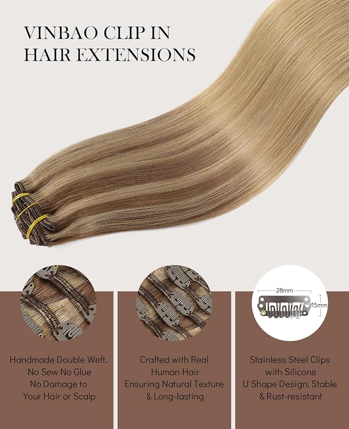 VINBAO Clip in Hair Extensions Human Hair 20 Inch 6pcs 120g Balayage Ash Brown to Caramel Blonde Hair Extensions Clip in Human Hair Extension (#10/16/16,20'')