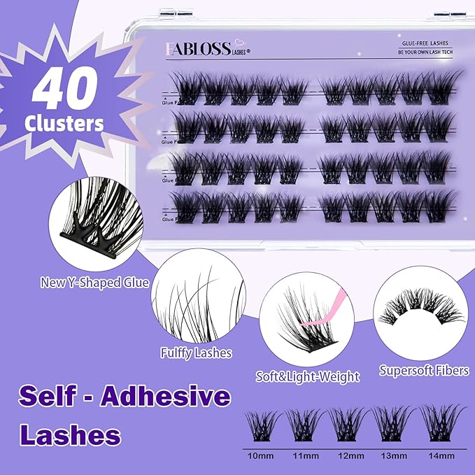 Self Adhesive Eyelashes 40Pcs Press on Lashes Pre-Glued Reusable Natural Self Adhesive Cluster No Glue No Remover DIY Lash Clusters Kit (10-14MM)