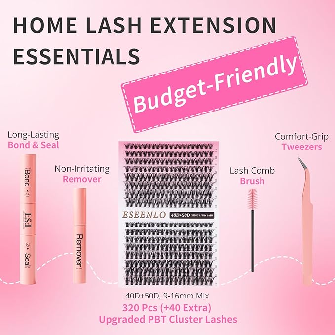 320pcs Lash Clusters 9-16mm 40D 50D Eyelash Extension Kit, Individual Lashes Kit with Bond and Seal, Lash Tweezers