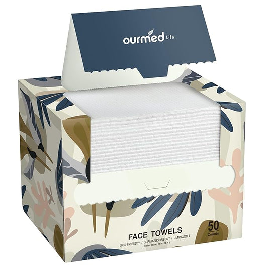 Ourmed Life Face Towels, Disposable Biodegradable Facial Towels for Sensitive Skin, Lint- free Face Wipes for Washing Face, Skincare and Makeup Remover, Dry Wipes, 10"×12" Extra Large, 50 Count