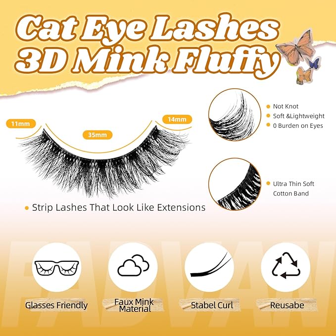 FADVAN Mink Lashes Natural Fluffy False Eyelashes 3D Volume Wispy Lashes Cateye Medium Length fake eyelashes with Clear Lash Glue Pestañas Postizas Naturales 10 Pairs-Lz201