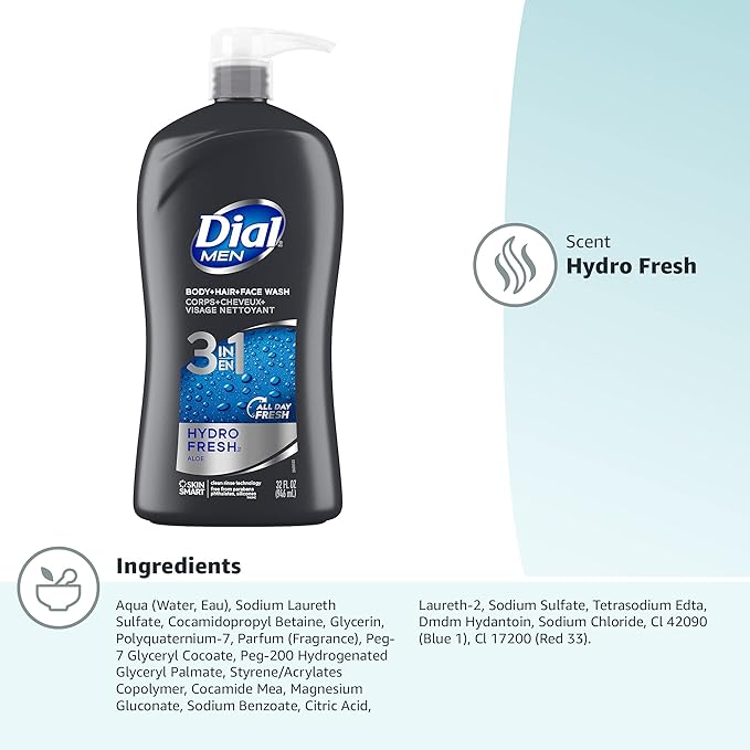 Dial Men 3in1 Body, Hair and Face Wash, Hydro Fresh, 32 fl oz (Pack of 2)