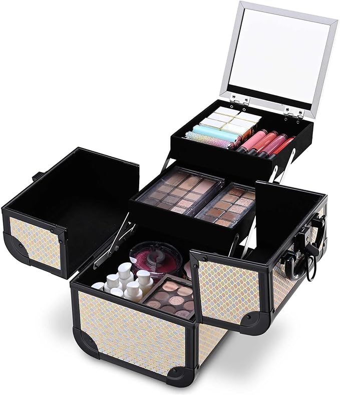 BYOOTIQUE Makeup Train Case with Mirror Cosmetic Box Organizer Art Deco Pastel