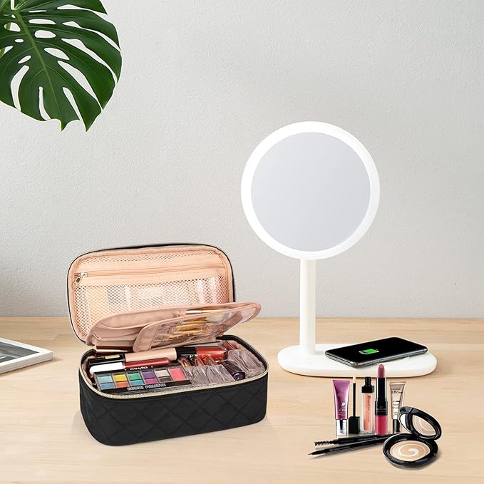 OCHEAL Makeup Bag with Brush Compartment - Small Travel Cosmetic Organizer for Women, Portable Makeup Brush Pouch with Dividers, Cute Toiletry Bag for Girls -Black