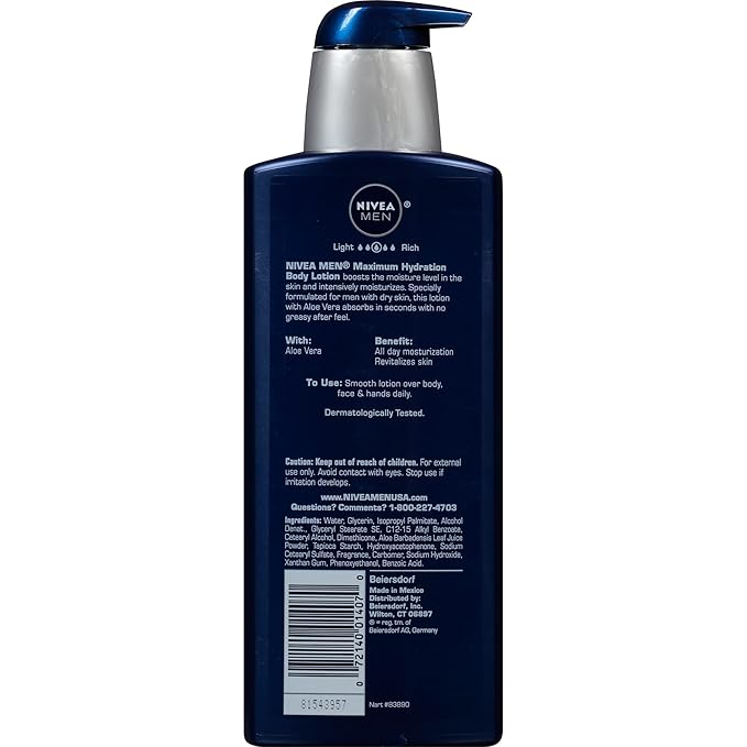 NIVEA MEN Maximum Hydration 48-Hour Moisture Body Lotion for Dry Skin, Aloe Vera Lotion for Men, 3-in-1 Body, Face and Hands, Dermatologically-Tested, Holiday Gifts for Men, 16.9 Fl Oz Bottle
