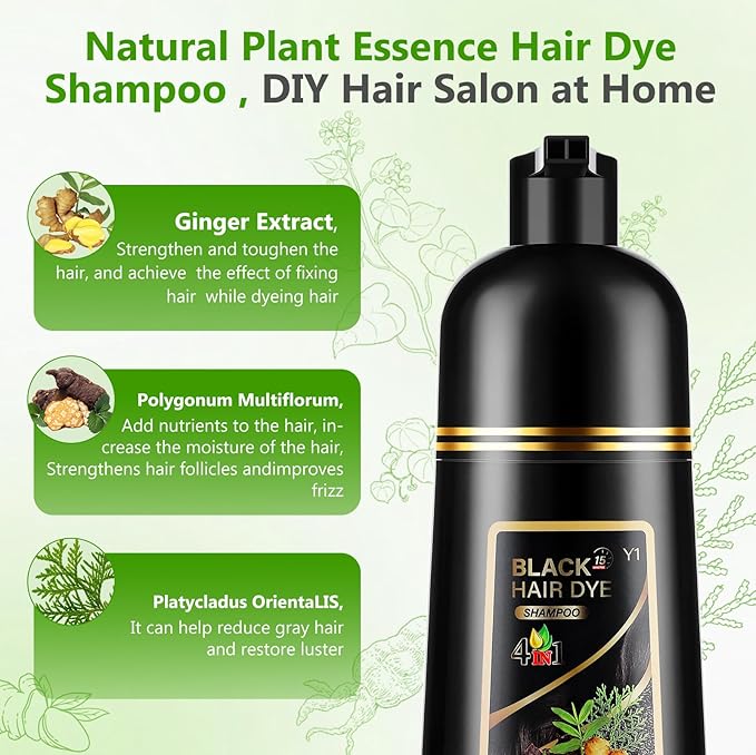 4 in 1 Black Hair Dye Shampoo for Gray Hair, Semi-Permanent Instant Hair Color Shampoo for Women and Men, Herbal Ingredients Hair Care, 100% Grey Coverage 500ml