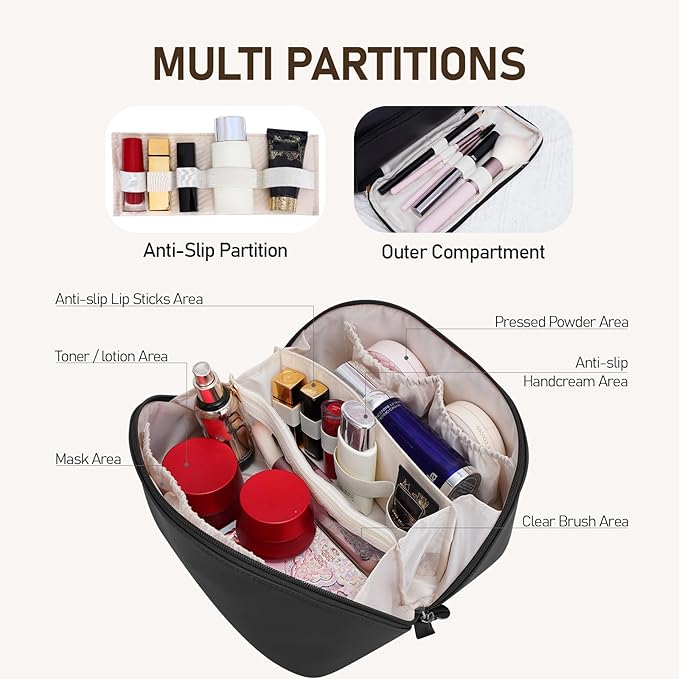 Large Capacity Cosmetic Bag for Women, Waterproof PU Leather Makeup Bag for Travel,Toiletry Bag Make up Organizer with Divider and Handle (Black)