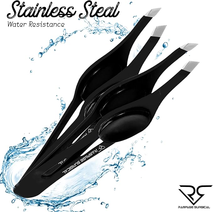 Professional Eyebrow Tweezers Slanted Tip Stainless Steel 2,3xPcs Set, Non-Slip Grip Slant Tip Tweezers for Facial Hair, Plucking Removing Ingrown Hairs, Tweezer for Women Men (Black&Black)