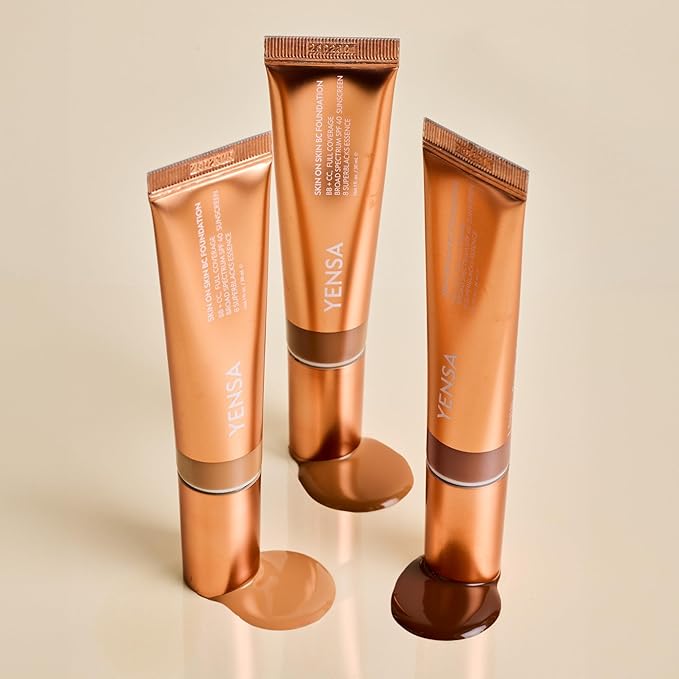 YENSA Skin on Skin BC Foundation Makeup - CC, BB Cream & Full Coverage Foundation-In-One - Buildable, Radiant Finish with SPF 40, Hyaluronic Acid, Peptides & 8 SuperBlacks - Deep Warm (1 oz)
