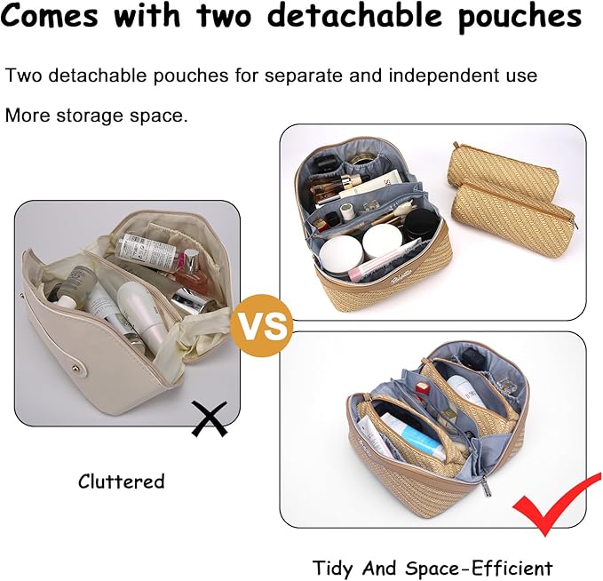 BOYATU Travel Makeup Bag Cosmetic Bags for Women: Large Capacity 3 Pcs Set Make up Bag with Compartments - Waterproof Vegan Leather Toiletry Organizer Bags with Handle (Z-Brown)