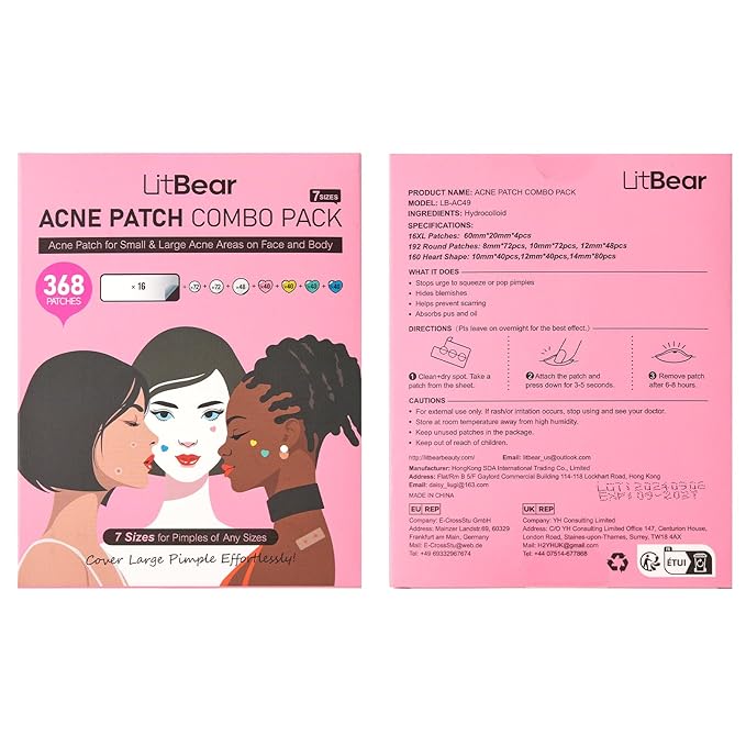 LitBear 3 IN 1 Pimple Patches for Face, 7 Sizes 368 Counts Acne Patches, Hydrocolloid Patches for Covering Zits and Blemishes, Cute Zit Patches for Breakouts, Colorful Spot Stickers for All Skin Types