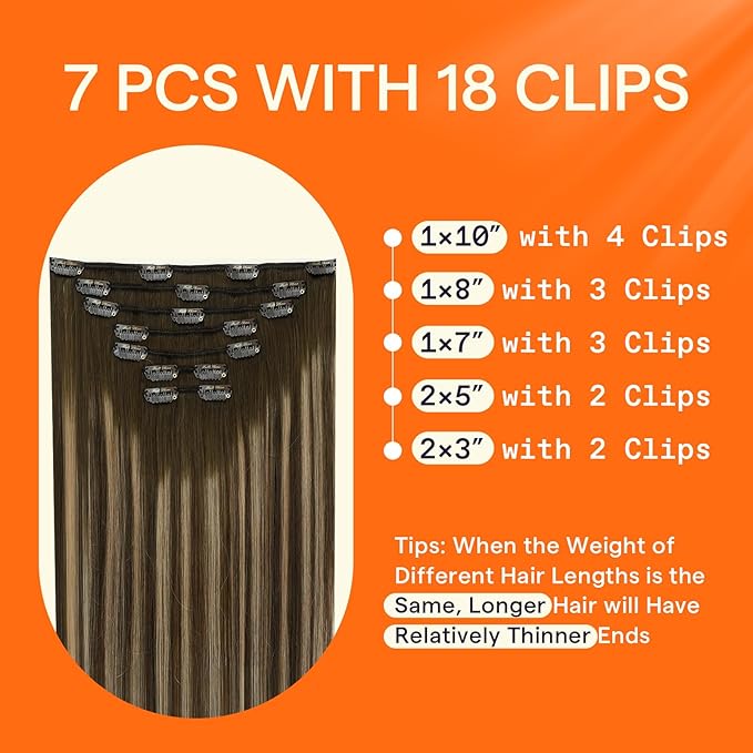 Full Shine Clip in Hair Extensions Real Human Hair Brown Balayage Dirty Blonde Hair Clip in Extensions Double Weft Medium Brown Human Hair Extensions for Women 14 Inch 7 Pcs