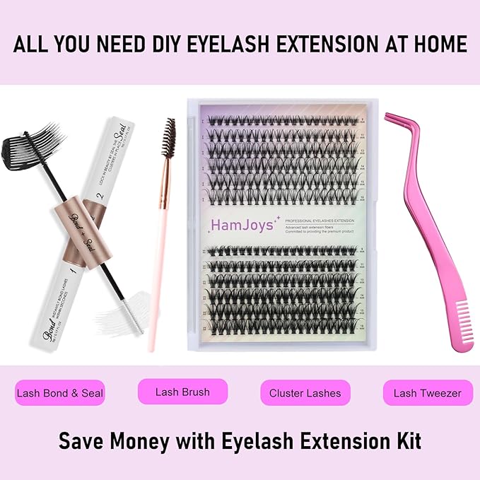 Lash Extension Kit DIY 240pcs Lash Clusters Eyelash Extension Kit, 9-16mm 20D 40D Individual Lashes Kit with Lash Bond and Seal, Lash Tweezers for Self Use (20D&40D, 0.07D, 9-16mm, Kit)