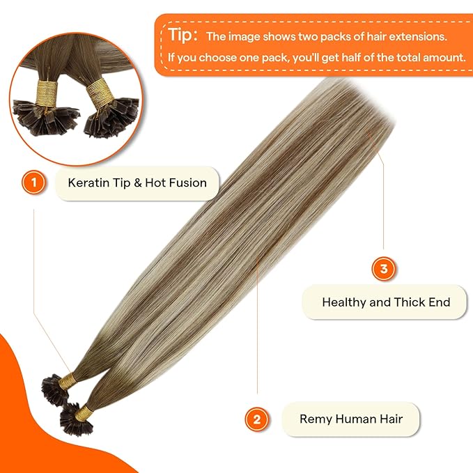 Full Shine Ktip Human Hair Extensions 24 Inch 50 Grams Medium Brown Ombre Ash Brown and Honey Blonde Keratin Tip Hair Extensions Long Straight Remy Hair add Length