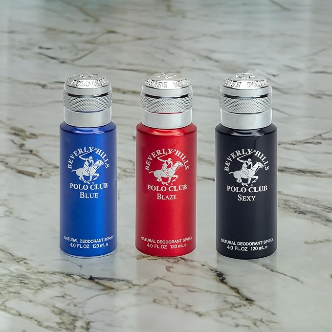 BHPC Men's Deodorant Body Spray Collection - 3 Piece Deodorizing Natural Body Spray Gift Set for Men - Beverly Hills Polo Club Long Lasting Odor Protection Deodorant - Sexy, Blaze and Blue (4 Oz Each)