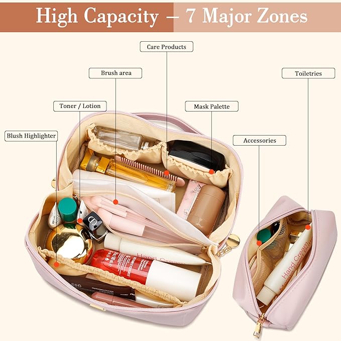 Birthday Gifts for Women Teen Girl, Personalized Initial Makeup Organizer Bag Set, Open Flat Travel Cosmetic Bag With Clear Divider and Handle(Pink,Z)