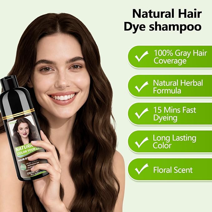 Brown Hair Dye Shampoo for Women & Men, 15 Min Gray Coverage, 3 in 1 Semi-Permanent Color with Natural Herbal Ingredients, Lasts 60 Days