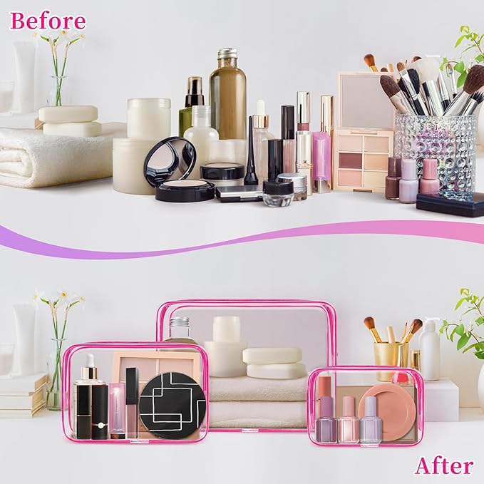 TISRATOK 12 PCS Clear Makeup Bag for Women with Zipper, TSA Approved Toiletry Pouch, Cosmetic Bag Bulk for Travel Organizer Essentials - Rose Red, Medium