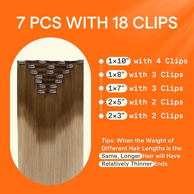 Full Shine Balayage Clip in Hair Extensions Human Hair Blonde Clip in Extensions Human Hair Light Brown to Blonde Remy Clip Hair Double Weft Clip in Hair 7 Pcs 12 Inch