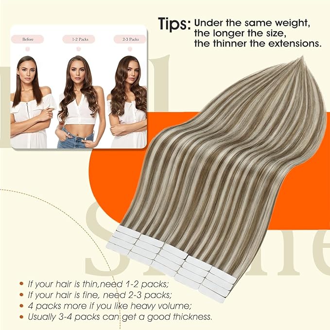 Full Shine Highlight Blonde Tape Extensions Color 8 Ash Brown And 60 Blonde Tape in Hair Extensions Human Hair 24Inch Invisible Seamless Skin Weft 50G 20Pcs Add Length