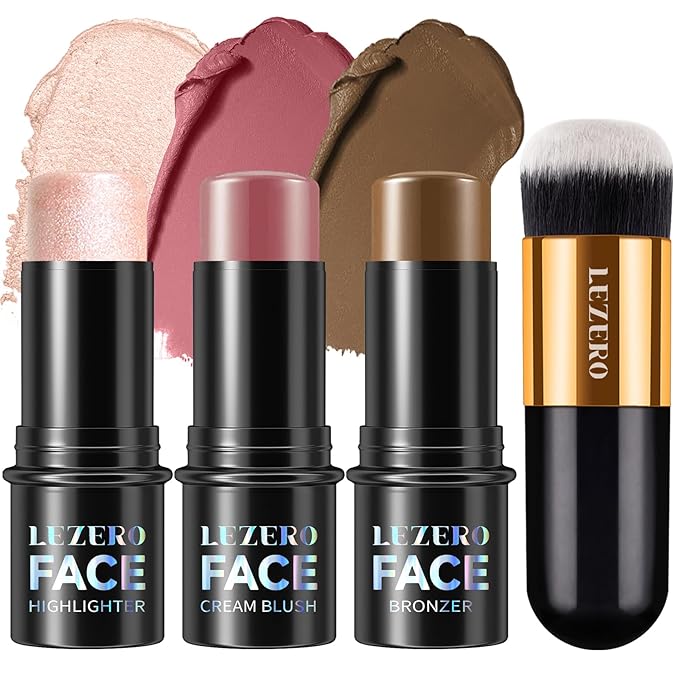 Lezero 3Pcs Contour Stick Makeup Kit, Shades with Highlighter, Blush and Bronzer Stick for Sculpt the Face and All Skin Type, Long Lasting, Smooth, Dewy & Matte Finish, LIGHT MEDIUM