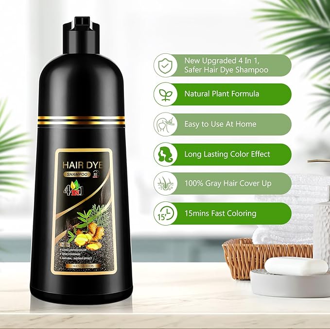 4 in 1 Hair Dye Shampoo for Gray Hair, Semi-Permanent Instant Light Brown Hair Color Shampoo for Women and Men, Herbal Ingredients Hair Care, 100% Grey Coverage 500ml