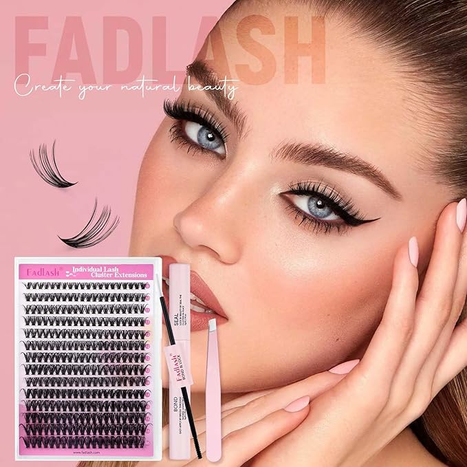 FADLASH DIY Lash Extension Kit Individual Lashes Cluster D Curl Eyelash Extension Kit with Lash Bond and Seal and Lash Applicator Tool for Self Application at Home (80D-0.07D-12-18MIX KIT)