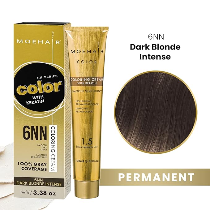 MOEHAIR 6NN Permanent Hair Color (Dark Blonde Intense) | Hair Color for 100% Gray Coverage | Infused with Keratin | Adds Shines & Smoothens Hair | Non-Drippy | Double Pigmented (3.38 Oz)