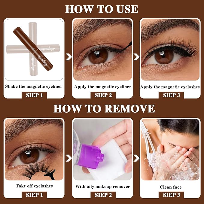 Magnetic Eyelashes Natural Look, 7 Pairs Reusable Cat-eye Medium Magnetic Lashes with 2 Tuble Magnetic Eyeliner （1 black+1brown) Vegan & Cruelty Free