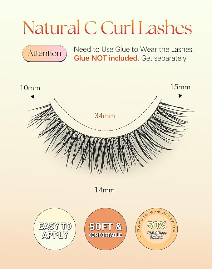 Natural Eyelashes 15MM False Lashes Natural Look C Curl Strip Lashes with 0.03MM Ultra Thin Band Fake Eyelashes ChirpyLuna Lash Pack, 7 Pair