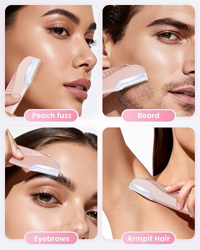 Dermaplane Razor For Women Face, 3 Adjustable Dermaplaning Tool, Facial Hair Removal Razors with Led Light for Peach Fuzz,Rechargeable Sonicsmooth Facial Hair Remover with 8 Replacement Blades (Pink)