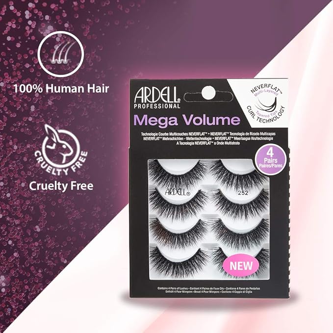 Ardell Lashes Natural Look Mega Volume, 252 - Full Volume, Long-Lasting Fake Lashes for Flawless Look, 4 Pairs