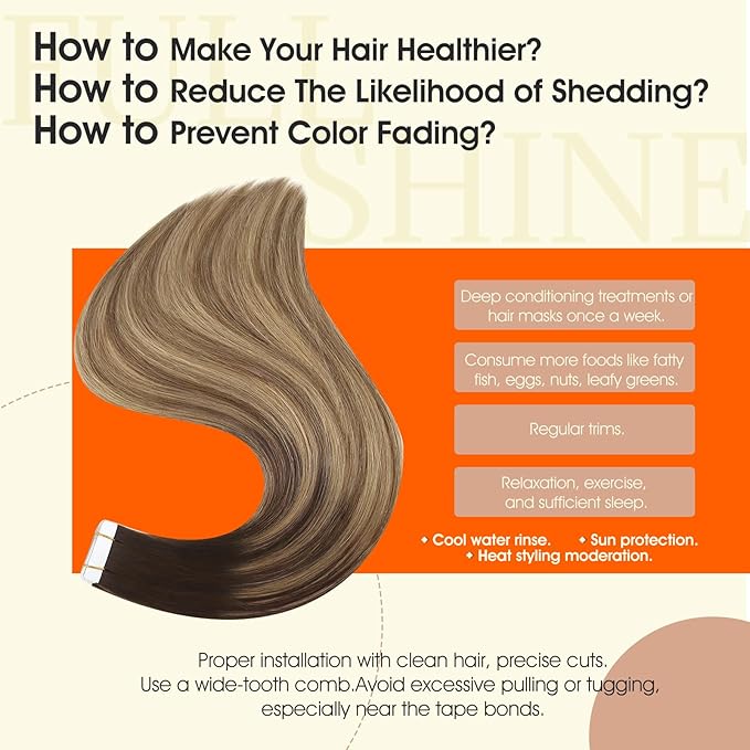 Full Shine Tape in Human Hair Extensions Color 2/8/27 Brown And Honey Blonde Tape in Hair Extensions Real Human Hair 20Inch Hair Extension 50G Seamless Human Hair 20Pcs Add Length for Wedding