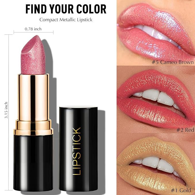 Metallic Lipstick Red Glitter Lip Stick, Long Lasting Waterproof Shimmer Lipstick for Women Makeup Tinted Lip Balm Creamy Diamond Smooth Full Coverage Lip Color Lightweight Non Stick Cup