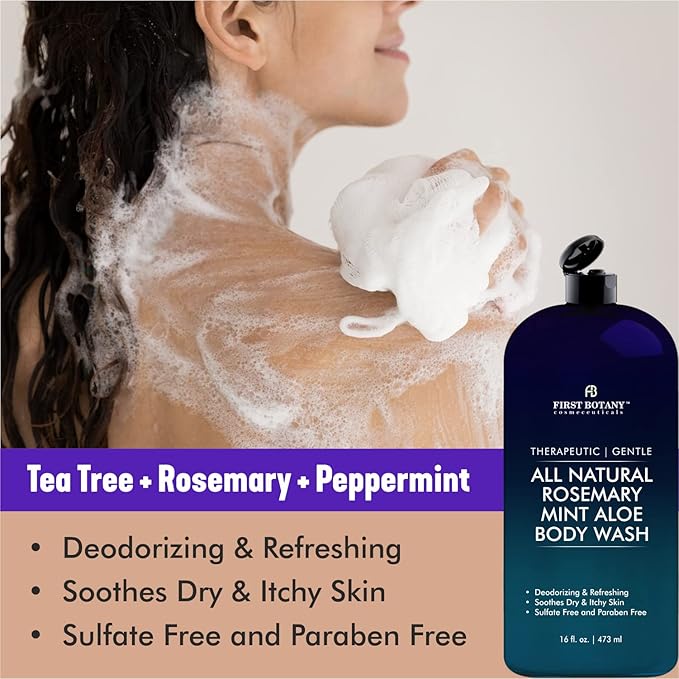 First Botany, ALL Natural Body Wash - Fights Body Odor, Athlete's Foot, Jock Itch, Nail Issues, Dandruff, Acne, Eczema, Shower Gel for Women & Men, Skin Cleanser -16 fl oz (Rosemary Mint)
