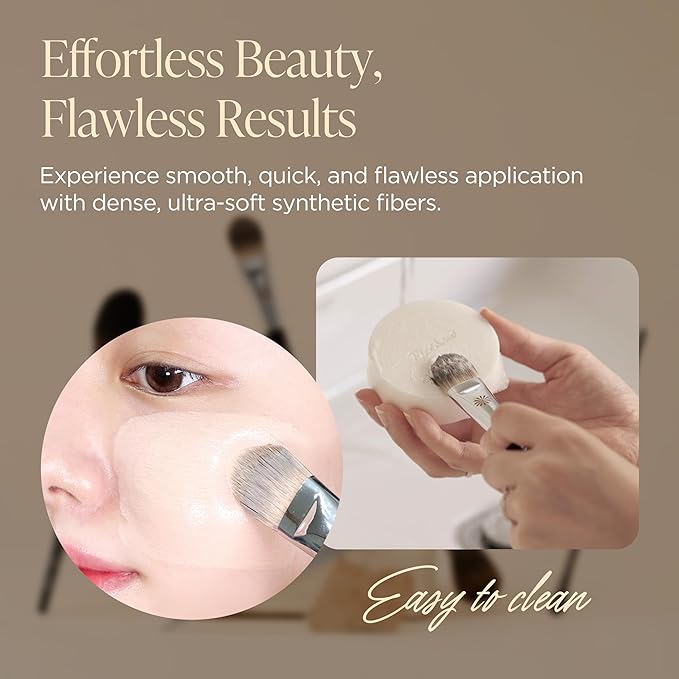 Piccasso Base Layering Set – FB17 Foundation Brush + 6P Latex Round Makeup Sponges, Professional Korean Beauty Tools for Flawless Base, Dewy & Matte Finish, Seamless Blending Kit