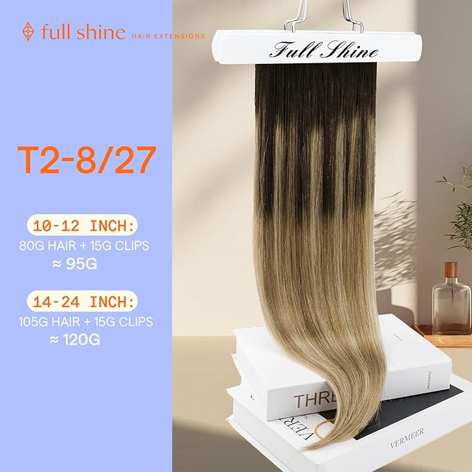 Full Shine Balayage Clip in Hair Extensions 14 Inch Dark Brown Ombre Ash Brown And Dirty Blonde Seamless Clip in Hair Extensions Human Hair 7 Pcs Remy Hair Clip ins Extensions 120 G