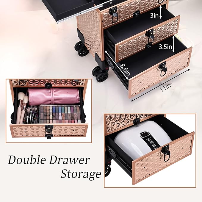 FRENESSA Professional Rolling Makeup Case Aluminum Trolley Train Case with Swivel Wheels for Makuep Artist Travel Cosmetic Organizer with Sliding Drawers for Nail Tech Hairstylist Barber Rose Gold