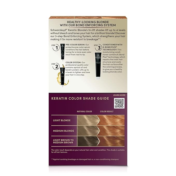 Schwarzkopf Keratin Blonde Hair Dye, 11.7 Apricot Blonde, Professional Quality Hi-Lift Permanent Hair Color, Bond Enforcing System Helps Prevent Breakage* Pre-Color Serum & Conditioner Included