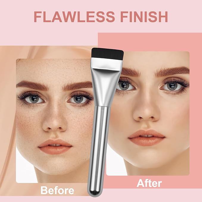 Flat Foundation Brush for Liquid Makeup, with Powder Puff Fast Flawless Flat Top Kabuki Makeup Brushes Face Cosmetics Concealer Brush for Liquid, Blending, Powder, Cream, Blush, Buffing Silver
