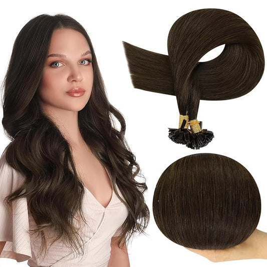 Full Shine K Tip Hair Extensions Human Hair Darkest Brown Ktip Human Hair Extensions 18 Inch Keratin Fusion Extensions Remy Hair 50 Grams Natural Straight Hair for Women