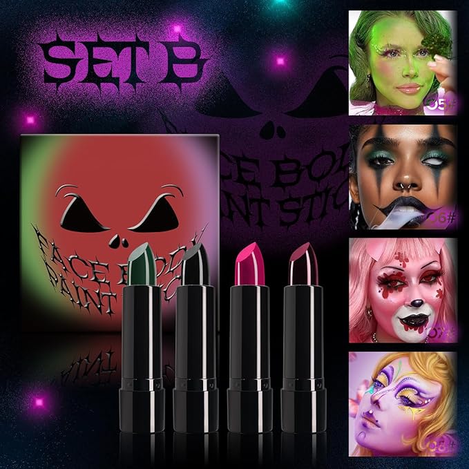 4 Colors Halloween Face Body Paint Matte Lipstick High Impact Lipcolor with Moisturizing Creamy Formula Long Lasting Waterproof Velvet Lip Stick for Sports Halloween Party Clown (Set B)